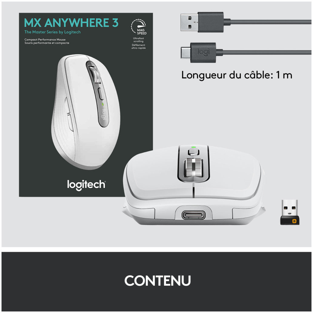 Miš brezžična + Bluetooth za notesnike Logitech MX Anywhere 3 Darkfield polnilna 4000DPI siva (910-005989)