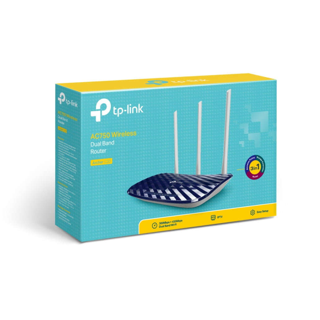 Usmerjevalnik brezžični TP-Link ARCHER C20 WiFi5 802.11ac AC750 733Mbit/s dualband 4xLAN 3x antena (ARCHER C20 V4)
