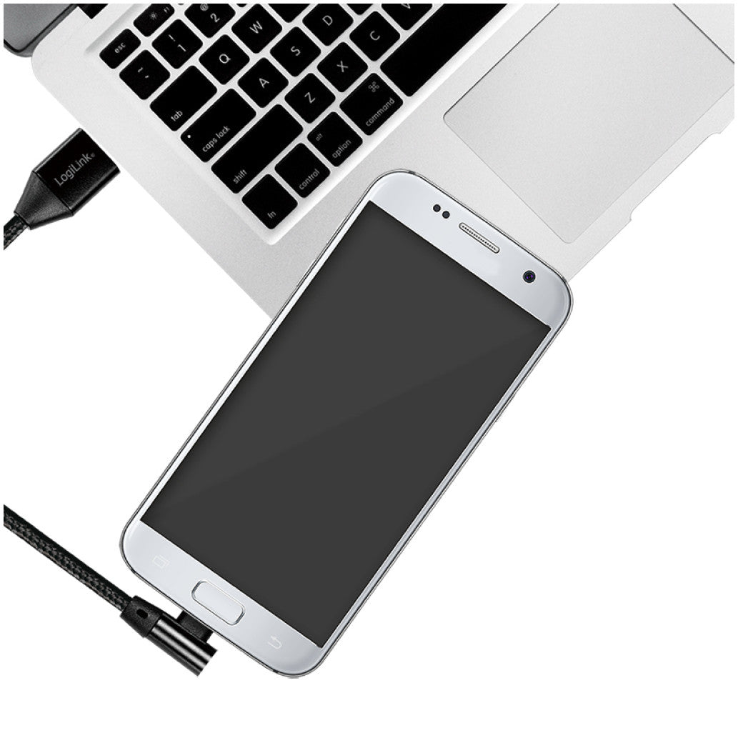Kabel USB A => B micro tekstil ovoj 1,00m 90° (za mobitele) LogiLink črn (CU0142) EOLS-P