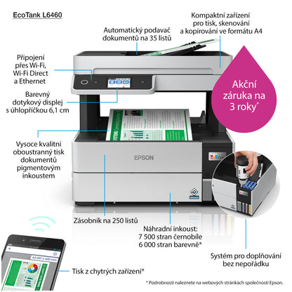 Tiskalnik multifunkcijski brizgalni barvni Epson EcoTank Office Pro L6460 A4 duplex tisk USB LAN WiFi 17ppm (C11CJ89403)