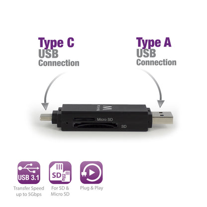 Zunanji čitalec kartic Ewent USB 3.1 USB-C za SD microSD črn (EW1075)