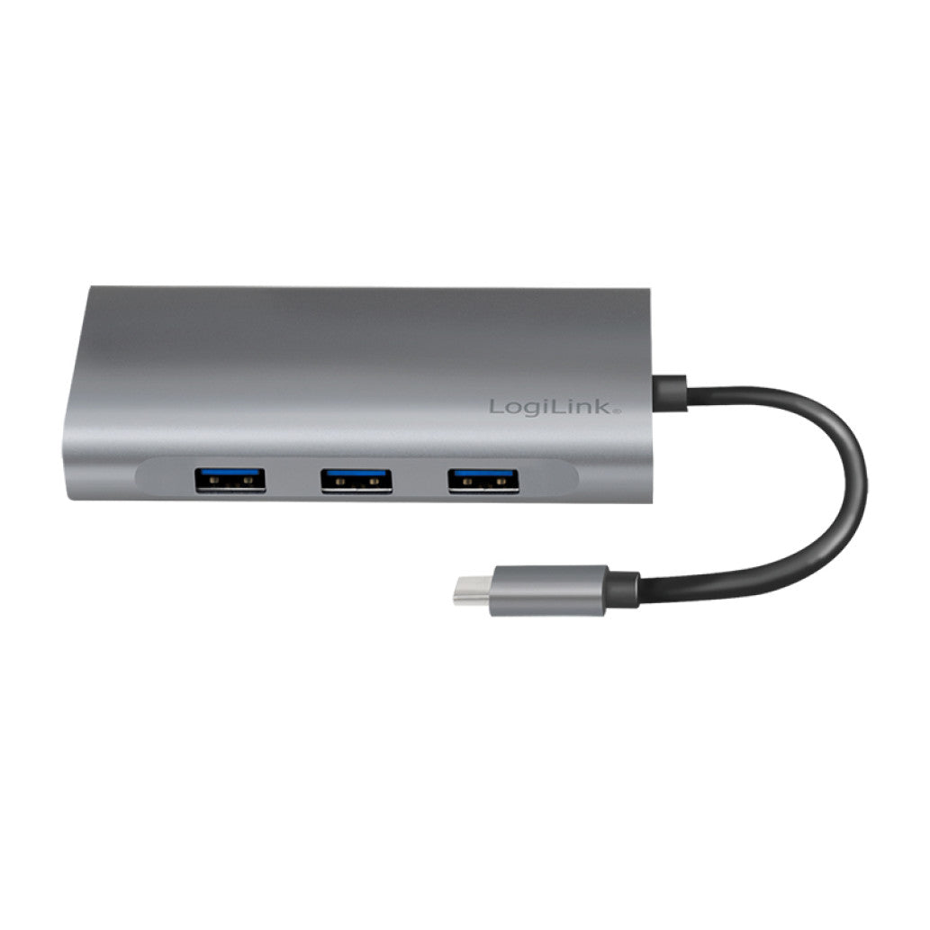 Priklopna postaja USB-C => 3x USB tip A 1xUSB-C PD 100W 1x HDMI 1x VGA1x RJ45 1x 3,5mm avdio 1x čitalec kartic SD/microSD LogiLink (UA0383) EOLS-P