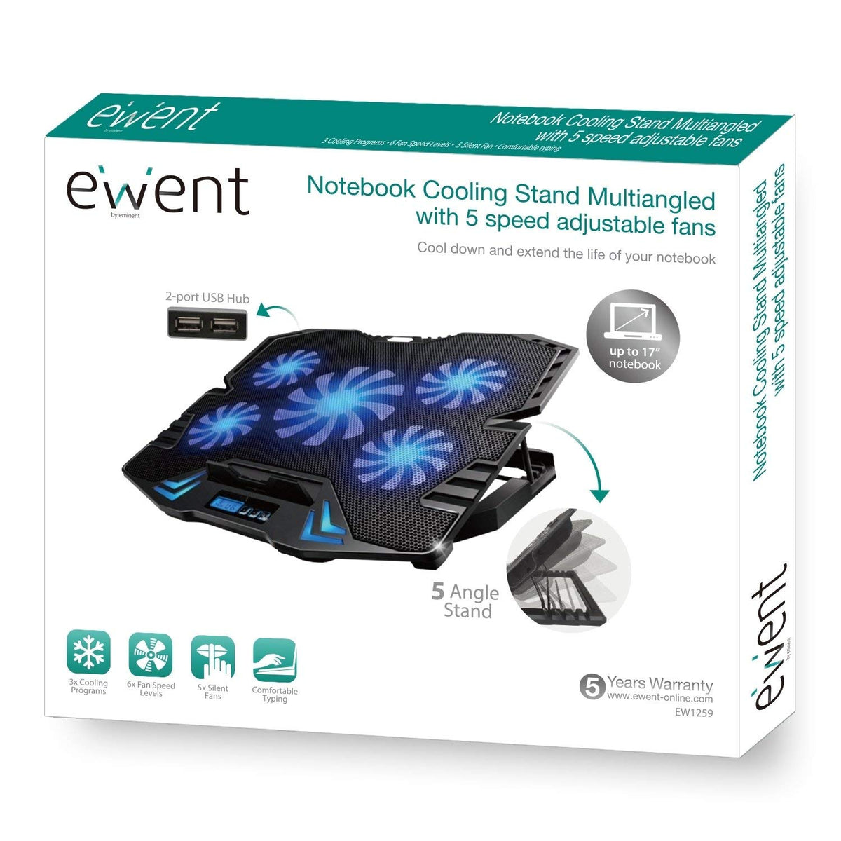 Hladilno stojalo za prenosnik do 17.3'', 5x tih ventilator, 2x USB, Ewent EW1259