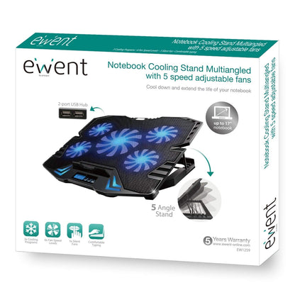 Hladilno stojalo za prenosnik do 17.3'', 5x tih ventilator, 2x USB, Ewent EW1259