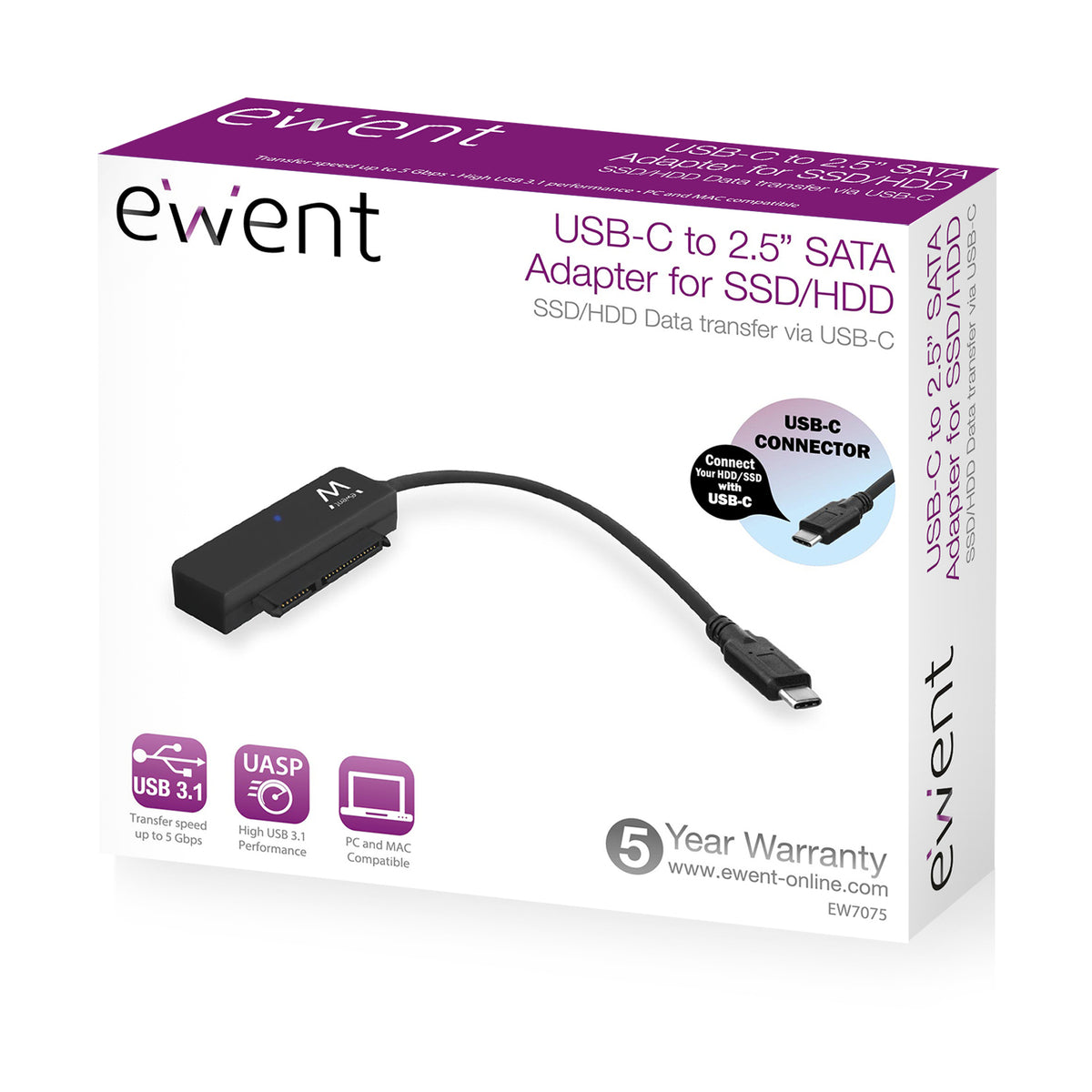 Adapter USB-C 3.1 Gen1 v SATA, za 2.5" SSD/HDD, črn, Ewent EW7075