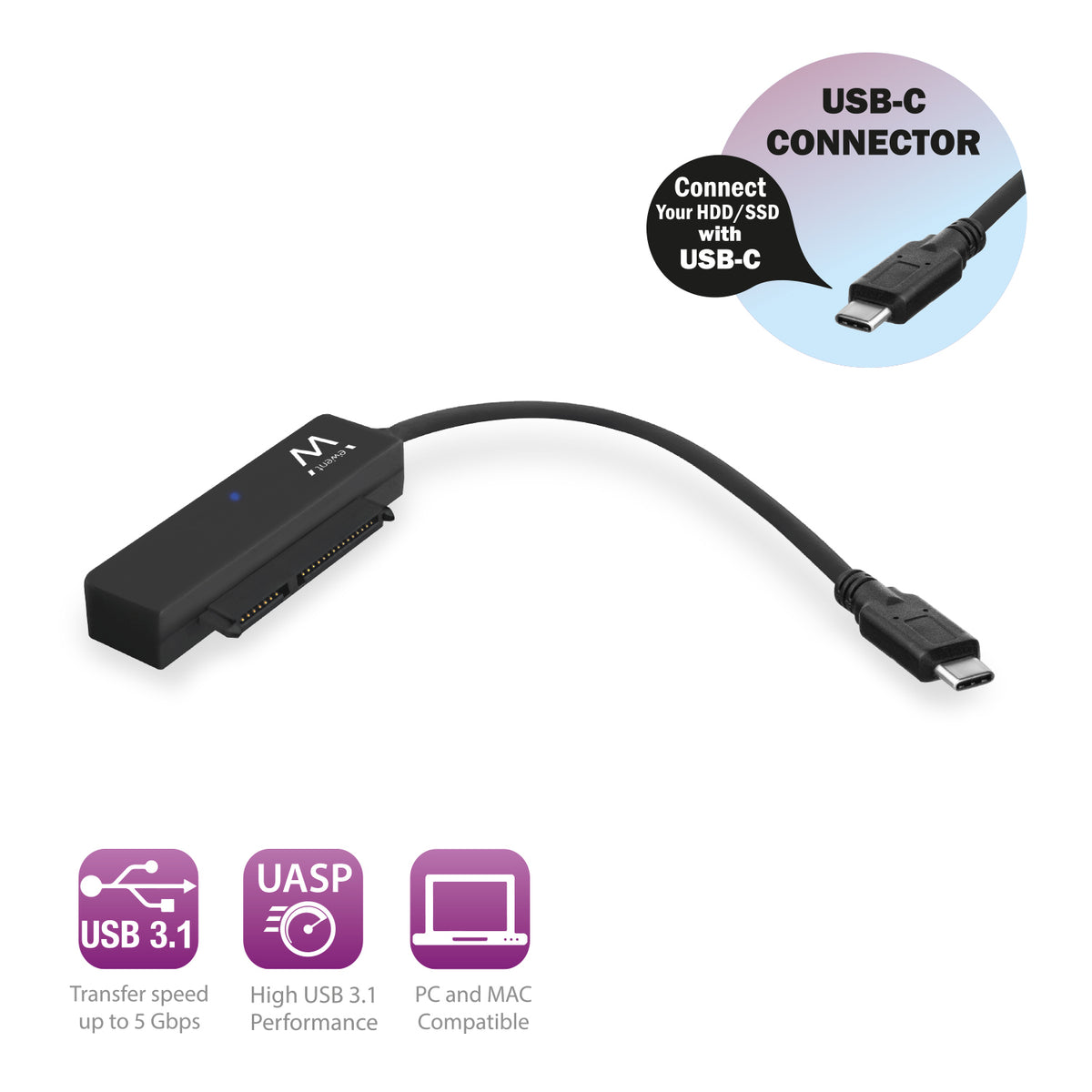 Adapter USB-C 3.1 Gen1 v SATA, za 2.5" SSD/HDD, črn, Ewent EW7075