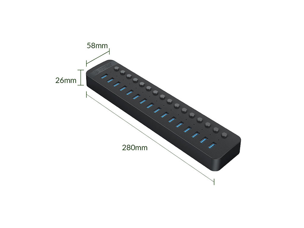 USB hub s 16 vhodi, USB 3.0, s stikali, zunanje napajanje, črn, ORICO CT2U3-16AB