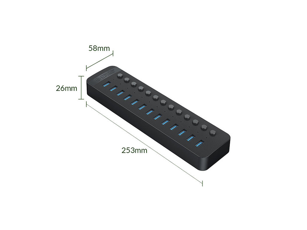 USB hub s 13 vhodi, USB 3.0, s stikali, zunanje napajanje, črn, ORICO CT2U3-13AB