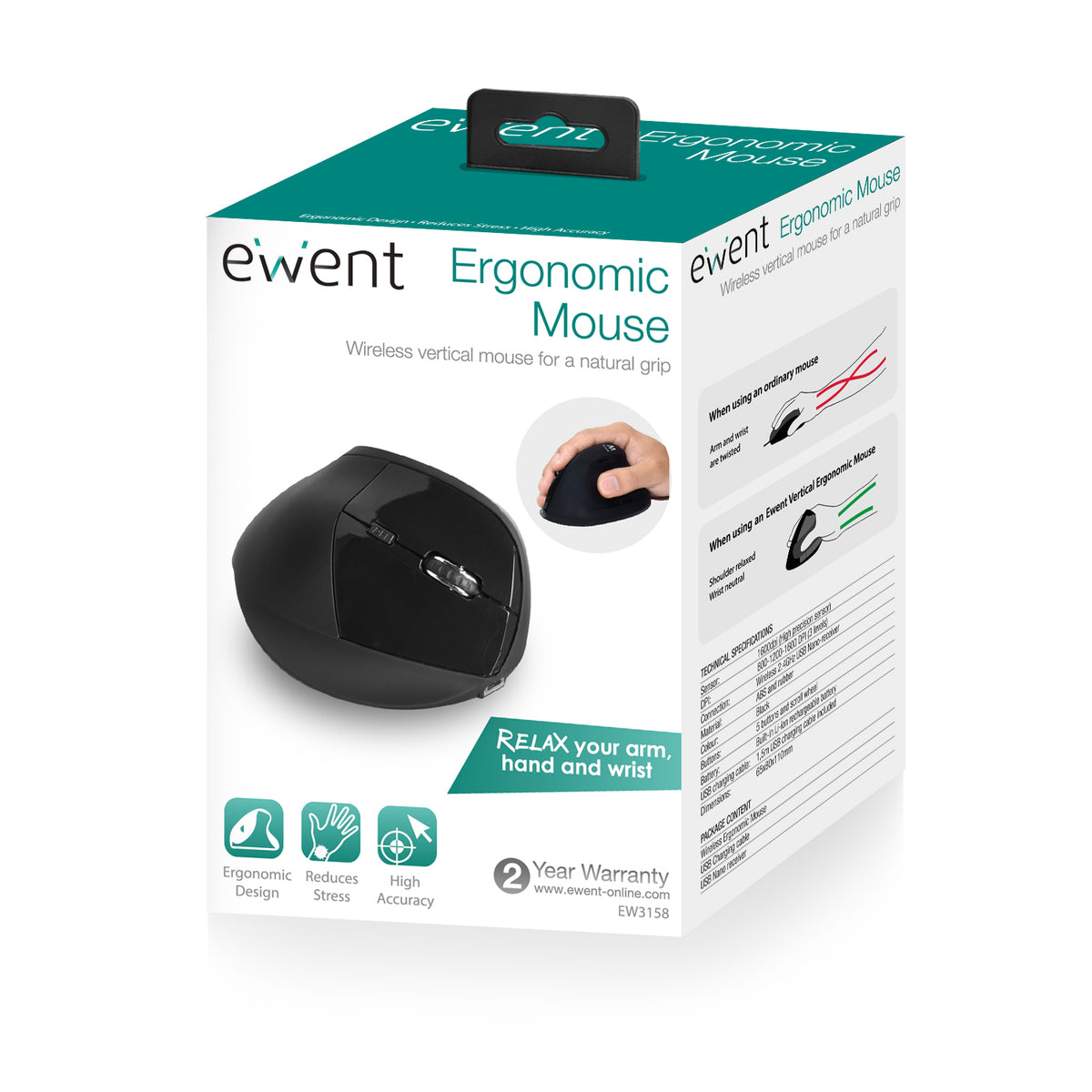 Miška Ewent Wireless Ergonomic Vertical, 1600dpi, črna, USB