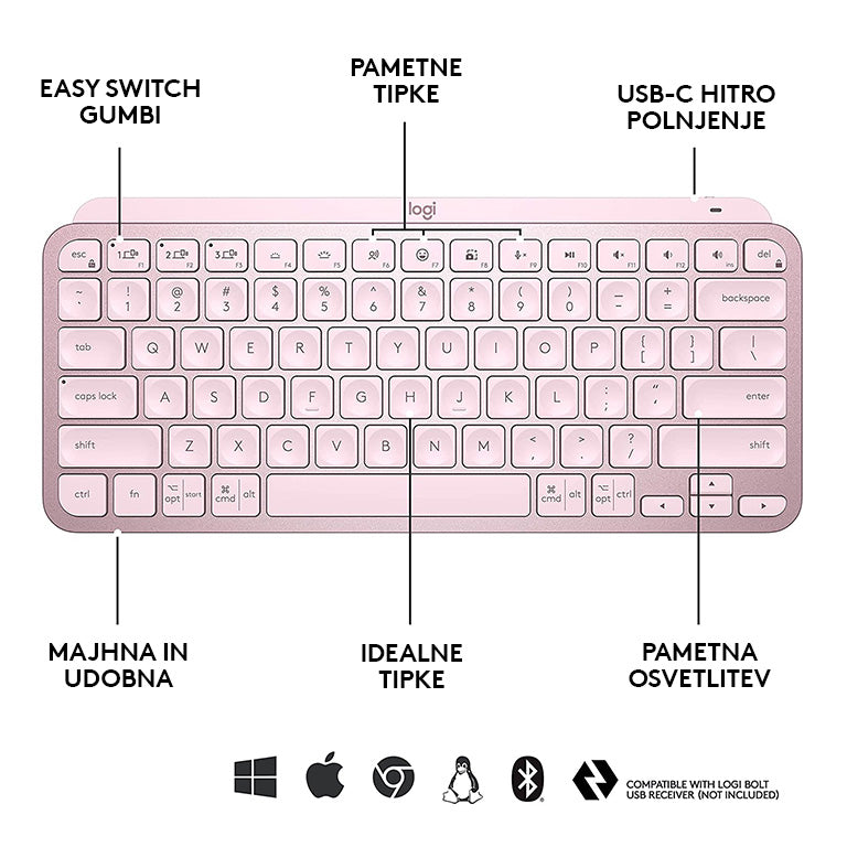Tipkovnica Logitech MX Keys Mini, roza, SLO g.