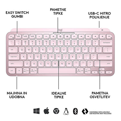 Tipkovnica Logitech MX Keys Mini, roza, SLO g.