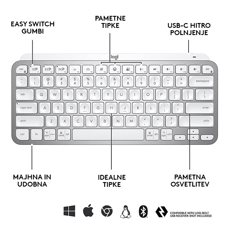 Tipkovnica Logitech MX Keys Mini, bela, SLO g.