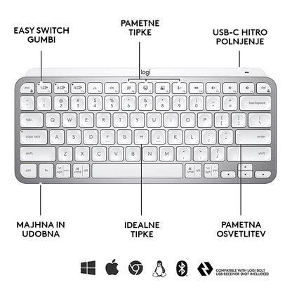 Tipkovnica Logitech MX Keys Mini, bela, SLO g.