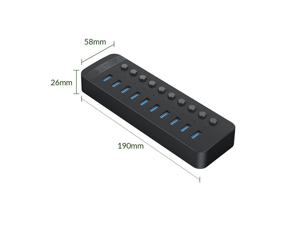 USB hub z 10 vhodi USB 3.0, s stikali, zunanje napajanje, črno, ORICO CT2U3-10AB