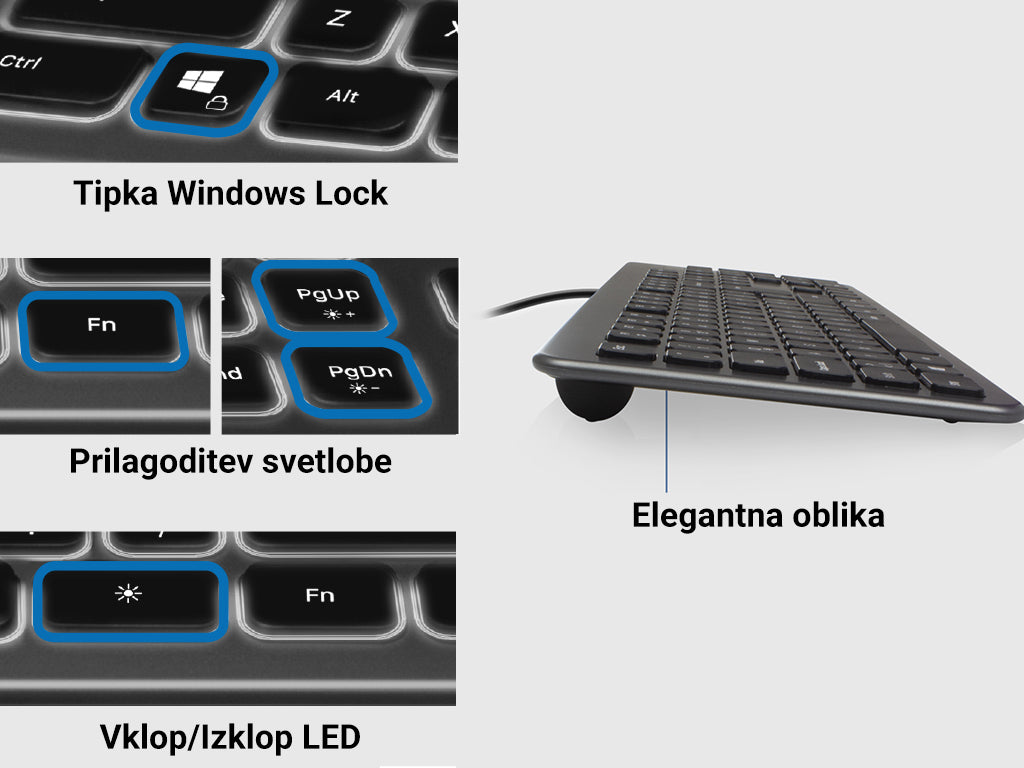Tipkovnica Ewent Wired Illuminated Scissor, črna, USB, SLO EW3271