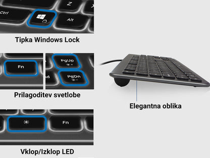 Tipkovnica Ewent Wired Illuminated Scissor, črna, USB, SLO EW3271