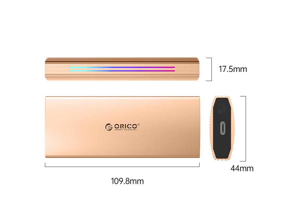 Zunanje ohišje za M.2 NVMe 2230-2280 v USB3.2 Gen2 Type-C, 10Gbps, RGB, aluminij, zlato-roza, ORICO M2R2-G2