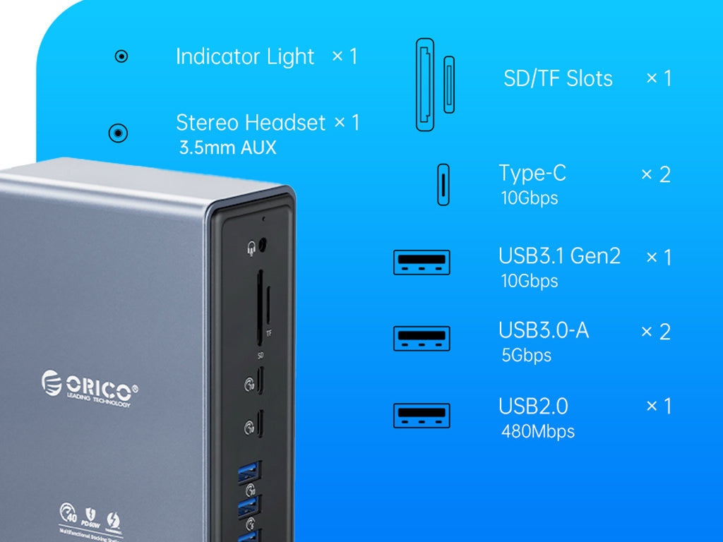 Priključna postaja USB-C Thunderbolt 3, 15 v 1, 5xUSB-A, 2xTB3, 2xUSB-C, DP, RJ45, SD+TF, napajanje, ORICO TB3-S4