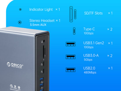 Priključna postaja USB-C Thunderbolt 3, 15 v 1, 5xUSB-A, 2xTB3, 2xUSB-C, DP, RJ45, SD+TF, napajanje, ORICO TB3-S4