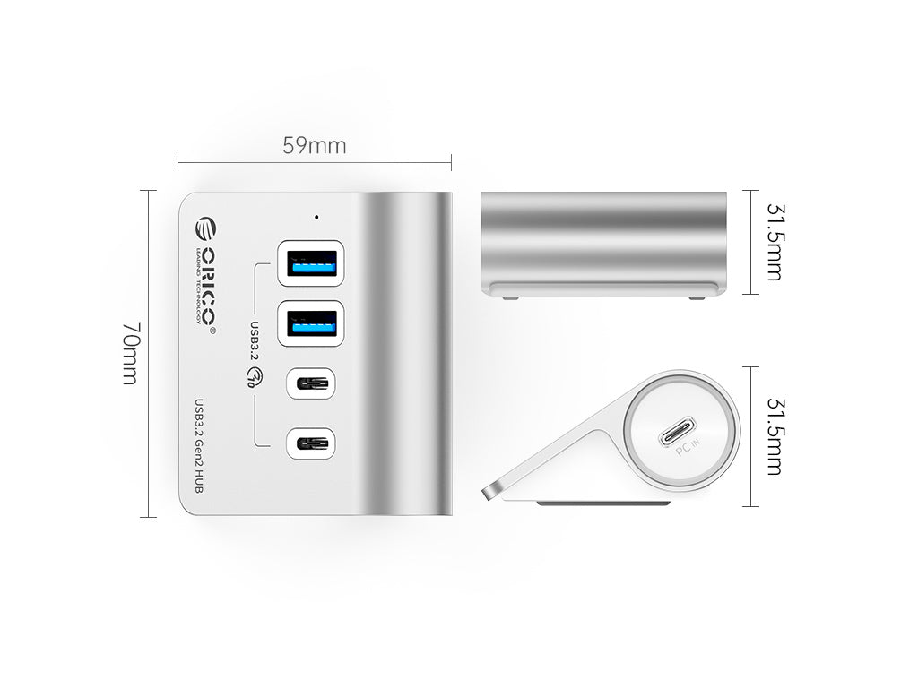 USB-C hub s 4 vhodi, 2x USB-A, 2x USB-C, USB 3.2 Gen2, 10 Gbps, ALU, ORICO M3CU2-G2