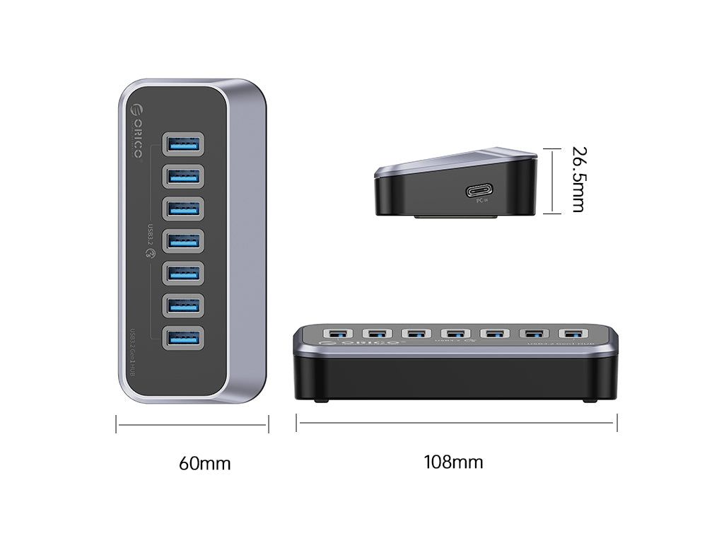 USB-C hub s 7 vhodi, 7x USB-A 3.2 Gen1, 5Gbps, črn, ORICO M3U3-7A-10