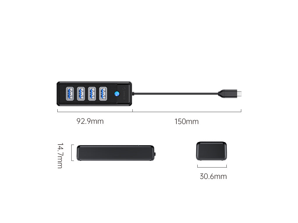 USB-C hub s 4-vhodi, USB 3.0, 0.15m, črn, ORICO PW4U-C3-015