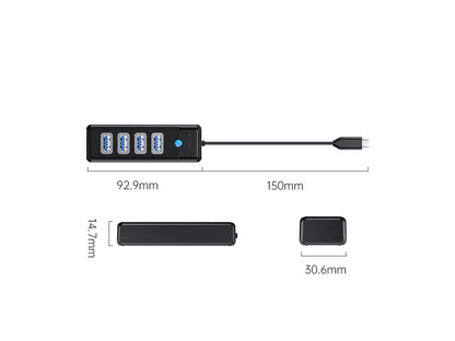 USB-C hub s 4-vhodi, USB 3.0, 0.15m, črn, ORICO PW4U-C3-015
