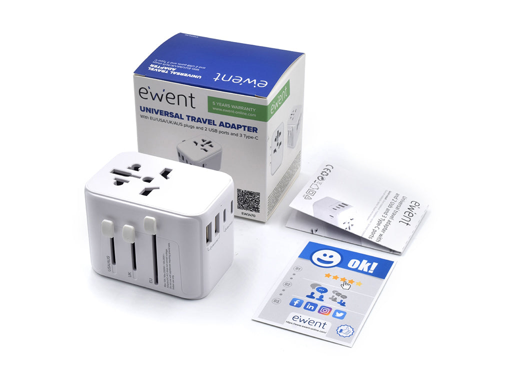 Potovalni polnilec Ewent EW1470, univerzalni, EU/USA/UK/AUS/CN/IT, 2xUSB-A, 3xUSB-C, bel