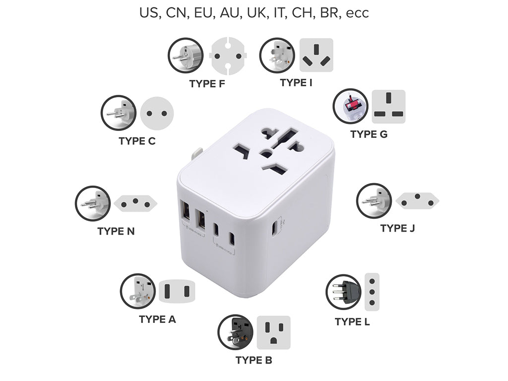 Potovalni polnilec Ewent EW1470, univerzalni, EU/USA/UK/AUS/CN/IT, 2xUSB-A, 3xUSB-C, bel