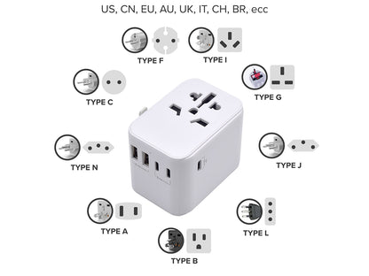 Potovalni polnilec Ewent EW1470, univerzalni, EU/USA/UK/AUS/CN/IT, 2xUSB-A, 3xUSB-C, bel