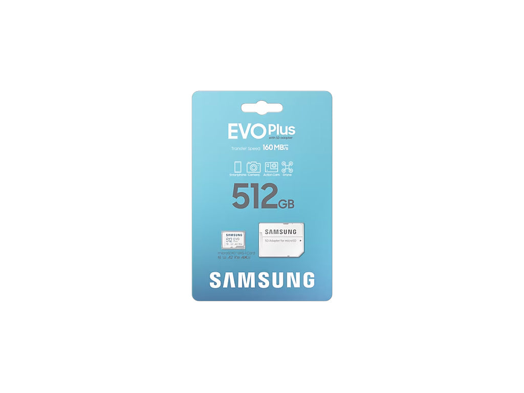 Spominska kartica Samsung EVO Plus, micro SDXC, 512GB, 160MB/s U3, V30, A2, UHS-I, z adapterjem