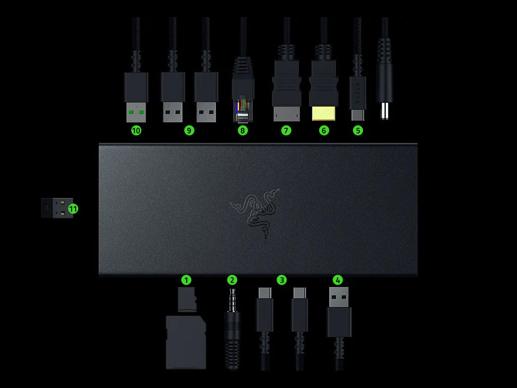 Priključna postaja USB-C Razer USB 4 Dock, 14 v 1, 4xUSB-A, 3xUSB-C, HDMI, DP,  RJ45, AUX, mSD/SD, črna