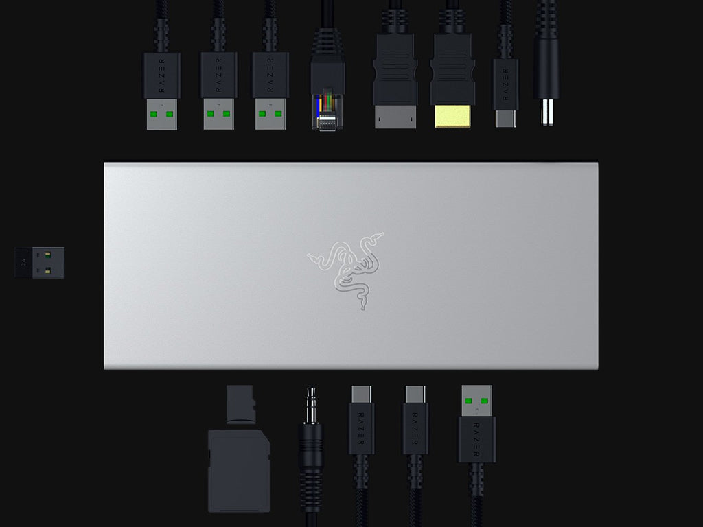 Priključna postaja USB-C Razer USB 4 Dock Mercury, 14 v 1, 5xUSB-A, 3xUSB-C, HDMI, DP,  RJ45, AUX, mSD/SD, srebrna
