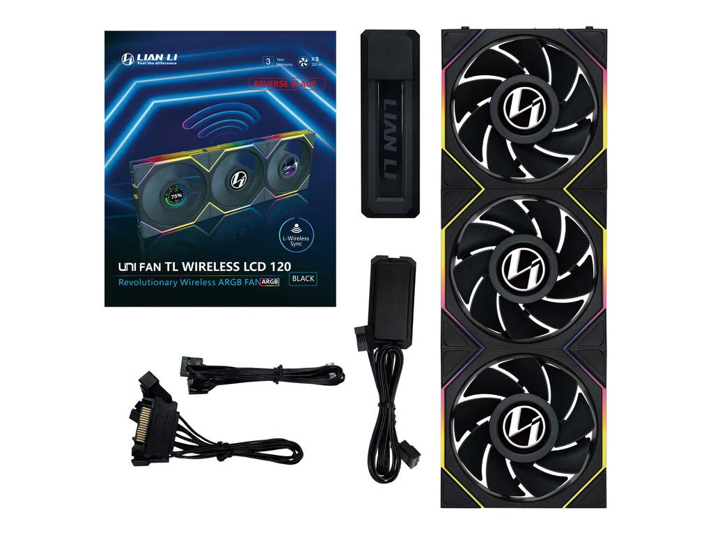 Ventilator za ohišje Lian Li UNI FAN TL Wireless LCD 120 Reverse Blade ARGB PWM 120mm, 3 Pack + Kontroler, črn