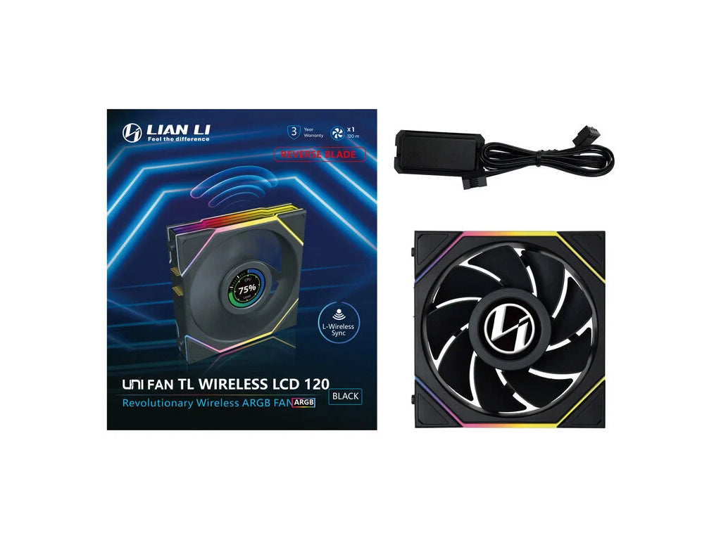 Ventilator za ohišje Lian Li UNI FAN TL Wireless LCD 120 Reverse Blade ARGB PWM 120mm, črn