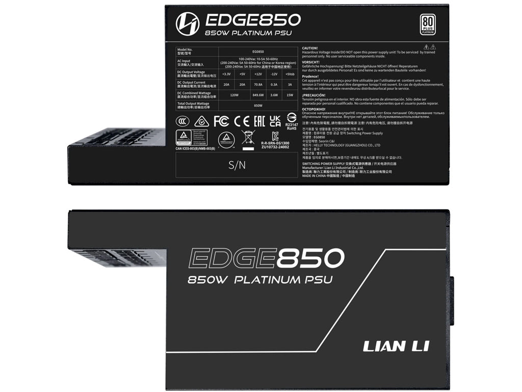 Napajalnik ATX Lian Li EDGE 850W, 80 PLUS Gold, 12V-2x6, Modularni, črn