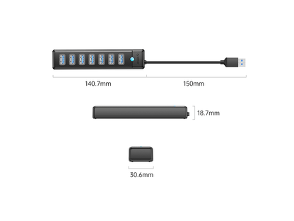 USB hub s 7 vhodi, USB 3.0, 1m, črn, ORICO PW7U-U3