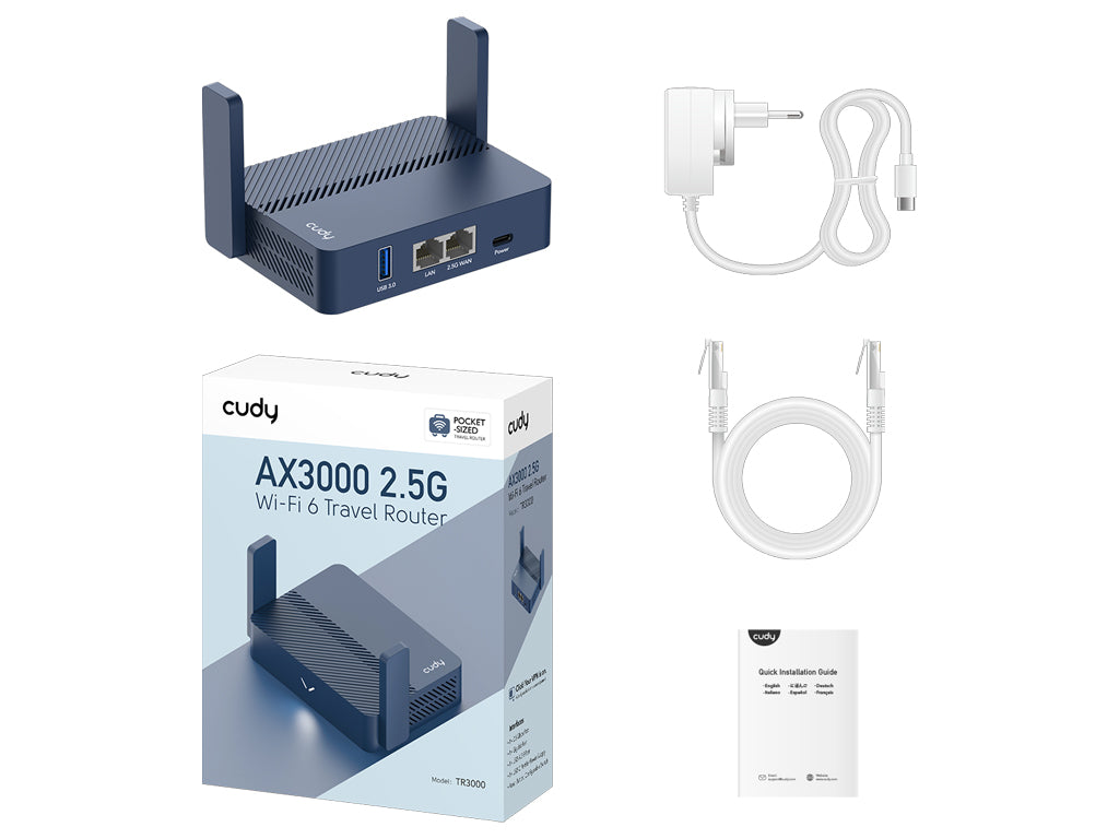Brezžični usmerjevalnik Router CUDY TR3000, AX3000, 2.5G, Wi-Fi 6, Mini, VPN, Mesh, USB-C