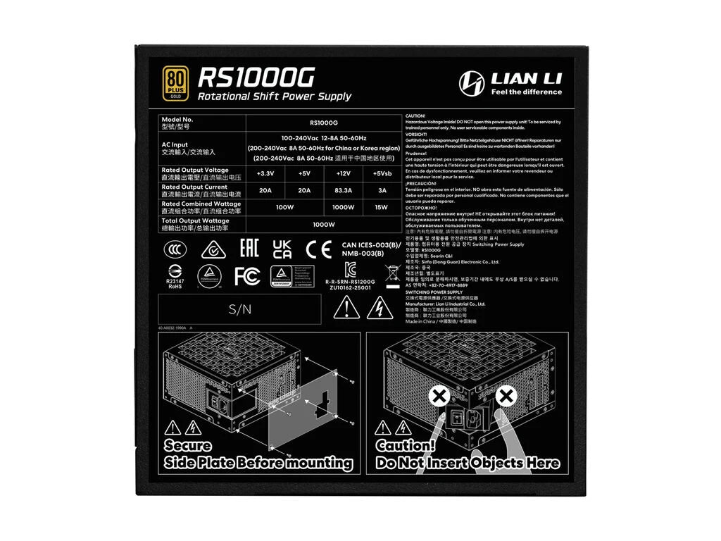 Napajalnik ATX Lian Li RS 1000W, 80 PLUS Gold, 12V-2×6, HUB, Modularen, white