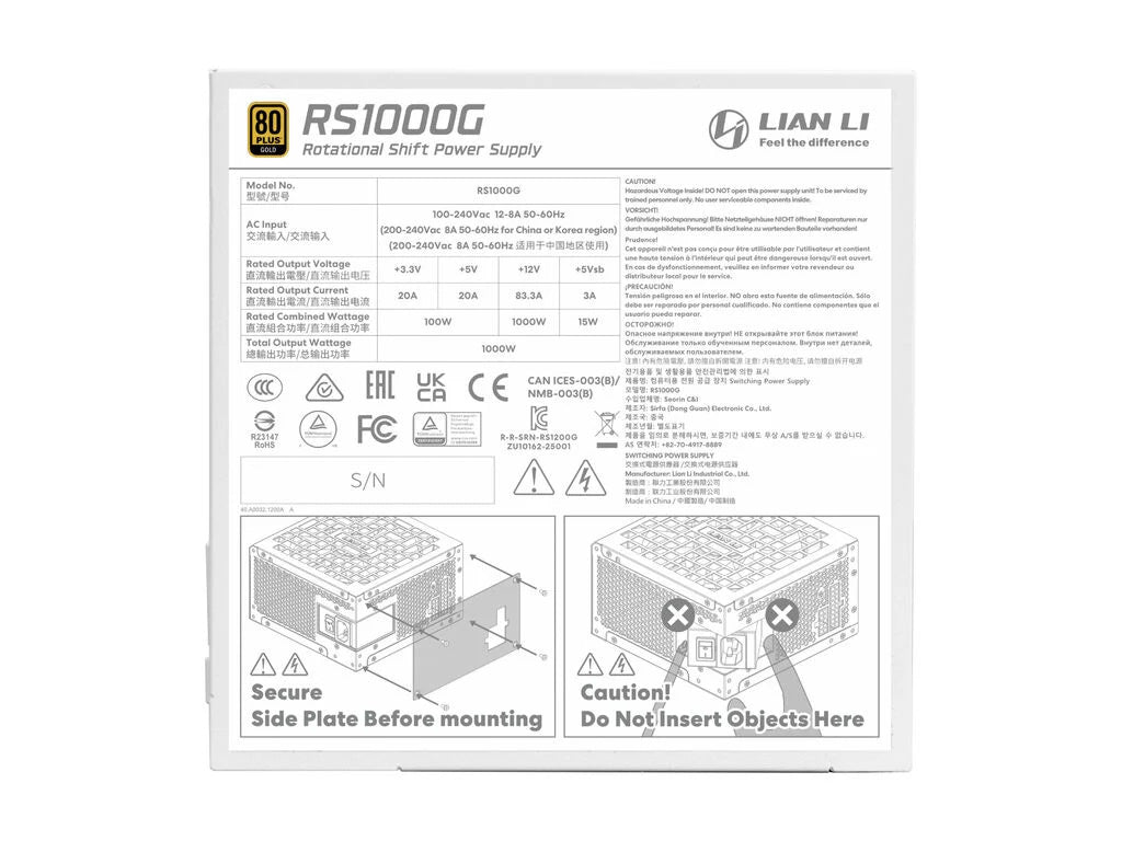 Napajalnik ATX Lian Li RS 1000W, 80 PLUS Gold, 12V-2×6, Modularen, bel
