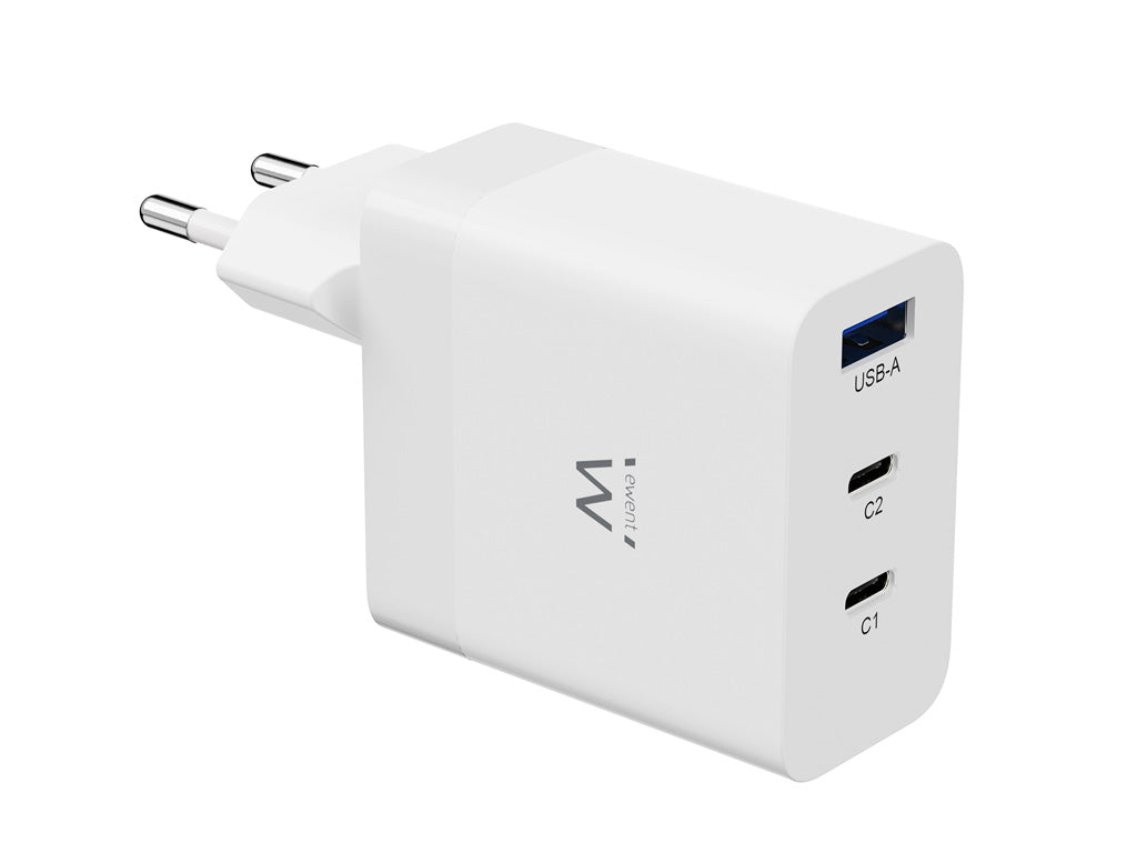 Stenski polnilec Ewent EW1323, GaN, 65W, 2x USB-C, 1x USB-A QC 3.0, bel