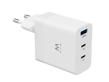 Stenski polnilec Ewent EW1323, GaN, 65W, 2x USB-C, 1x USB-A QC 3.0, bel