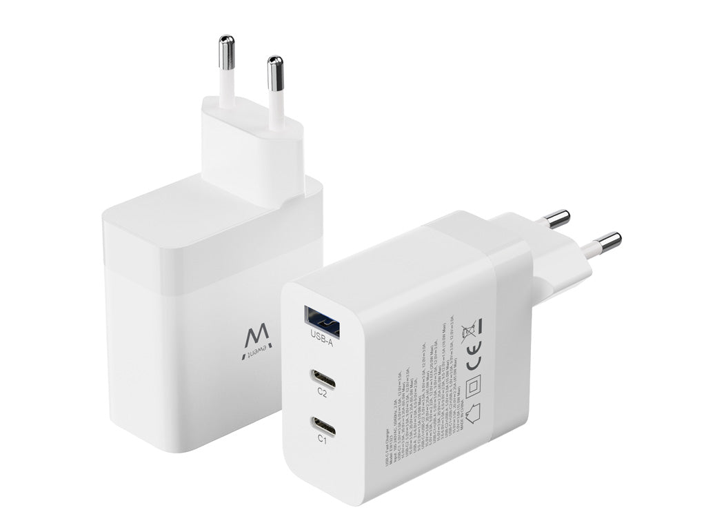Stenski polnilec Ewent EW1323, GaN, 65W, 2x USB-C, 1x USB-A QC 3.0, bel