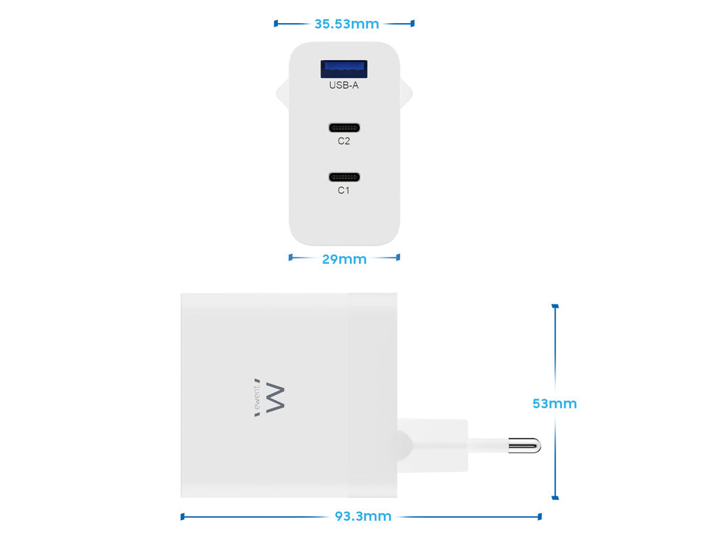 Stenski polnilec Ewent EW1323, GaN, 65W, 2x USB-C, 1x USB-A QC 3.0, bel