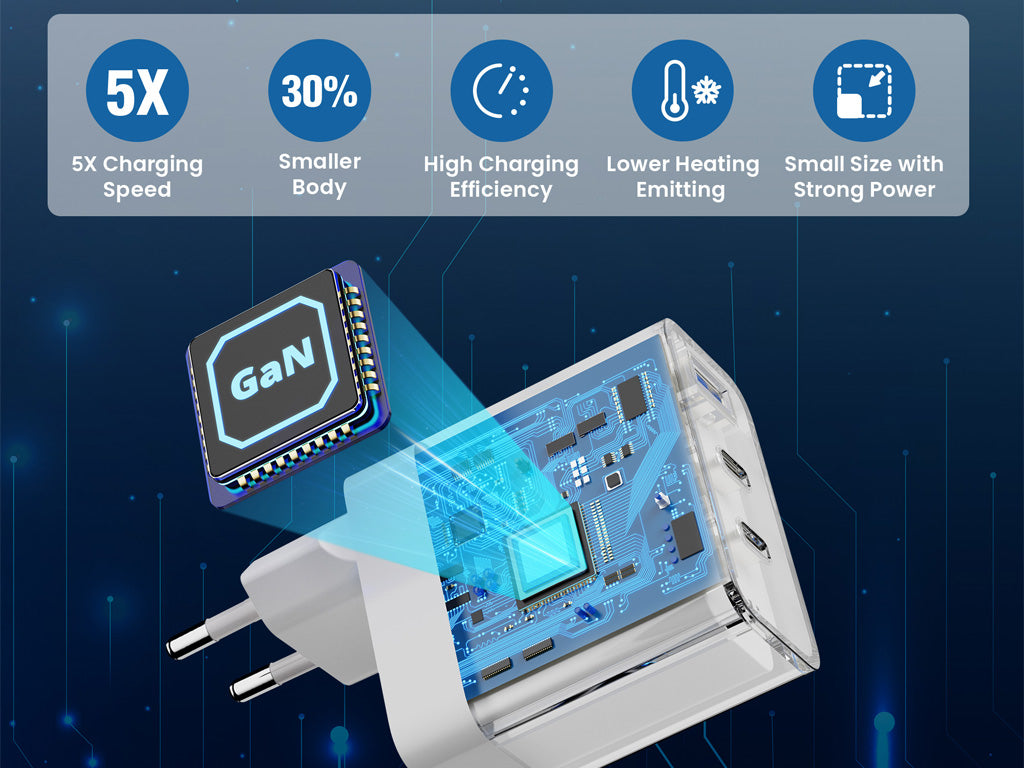 Stenski polnilec Ewent EW1323, GaN, 65W, 2x USB-C, 1x USB-A QC 3.0, bel