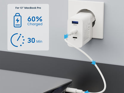 Stenski polnilec Ewent EW1323, GaN, 65W, 2x USB-C, 1x USB-A QC 3.0, bel