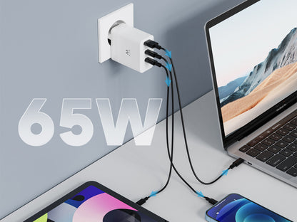 Stenski polnilec Ewent EW1323, GaN, 65W, 2x USB-C, 1x USB-A QC 3.0, bel