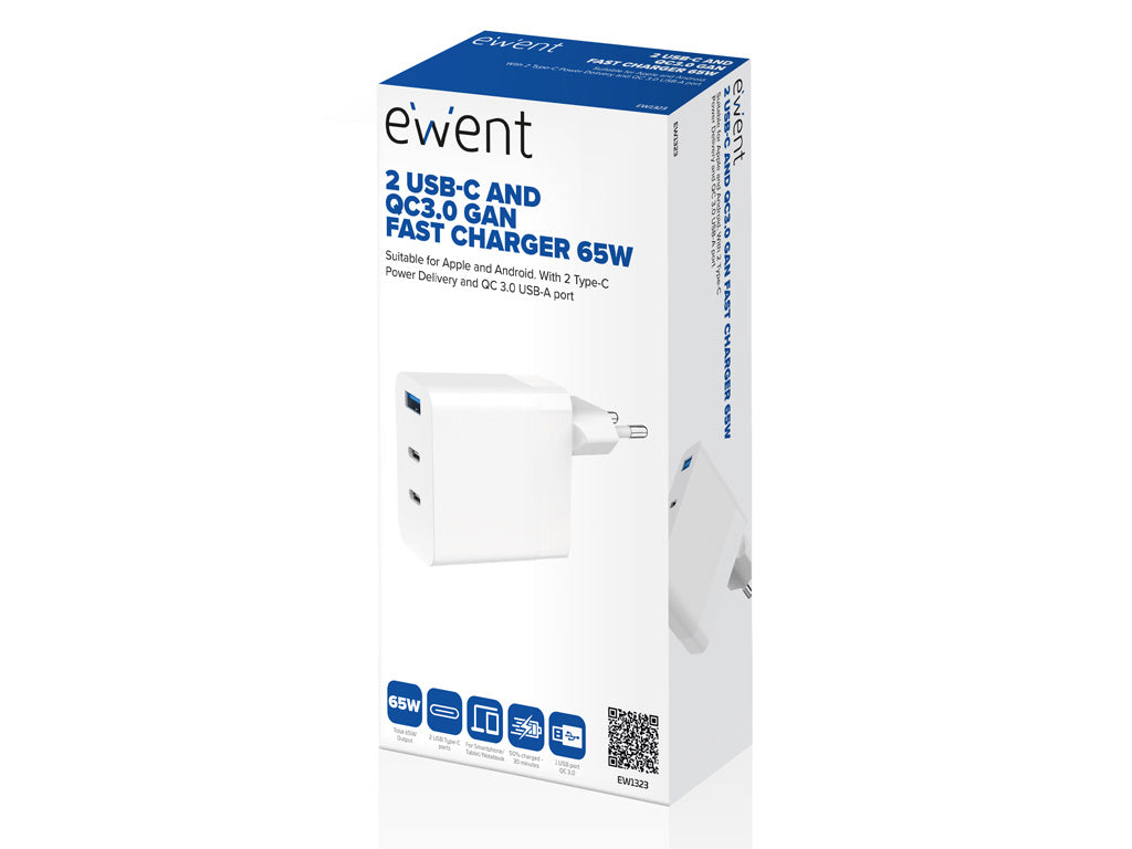 Stenski polnilec Ewent EW1323, GaN, 65W, 2x USB-C, 1x USB-A QC 3.0, bel
