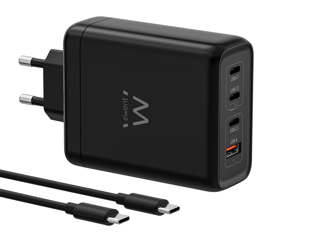 Stenski polnilec Ewent EW1337, GaN, 140W, 3x USB-C, 1x USB-A, QC 5.0, črn