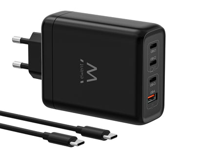 Stenski polnilec Ewent EW1337, GaN, 140W, 3x USB-C, 1x USB-A, QC 5.0, črn